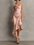 Women's Elegant & Minimalist Satin Midi Dress — Spaghetti Straps, Cowl Neck, And Asymmetrical Hem MDZ2348D8Y