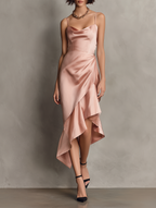 Women's Elegant & Minimalist Satin Midi Dress — Spaghetti Straps, Cowl Neck, And Asymmetrical Hem MDZ2348D8Y