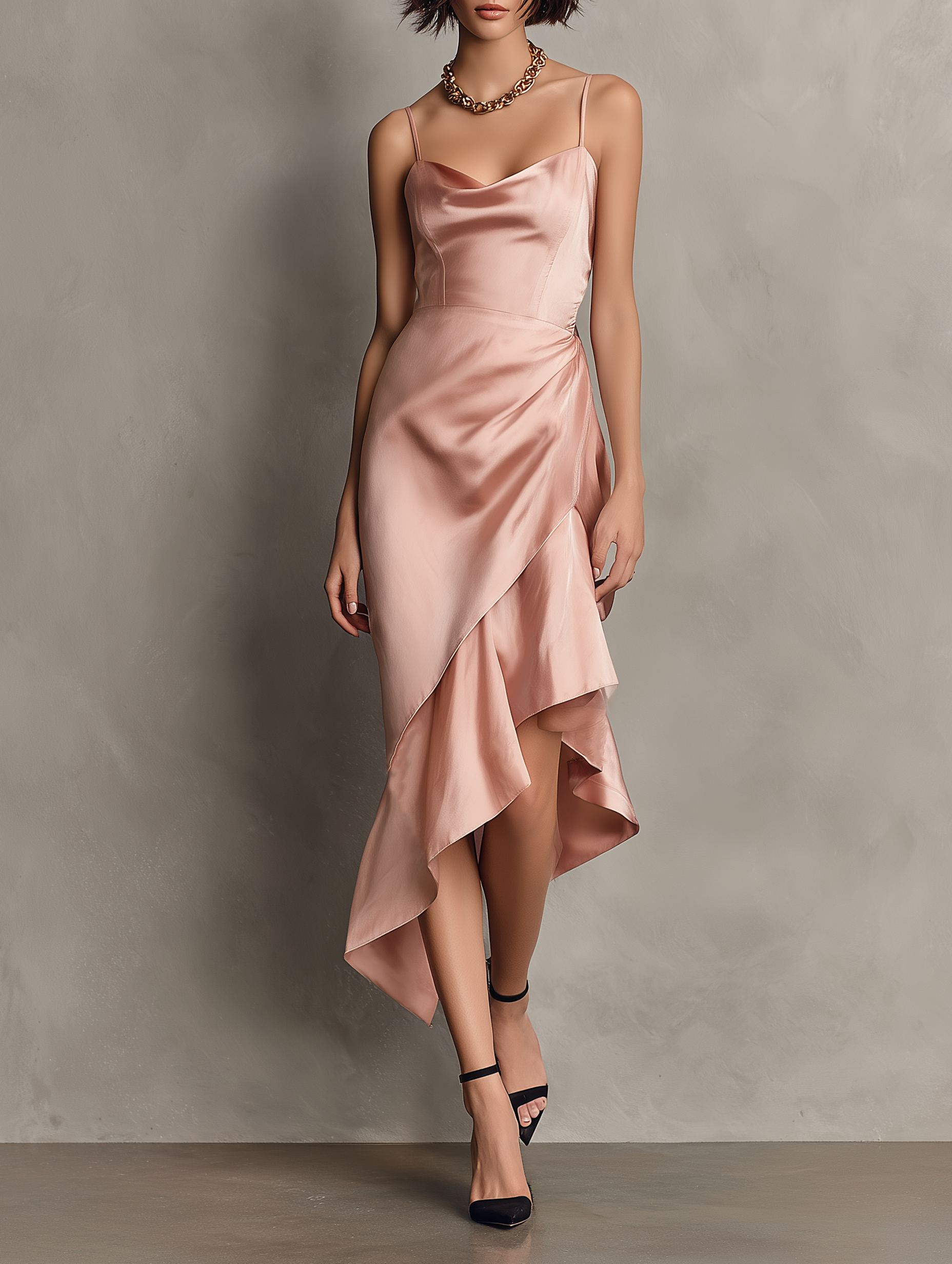 Women's Elegant & Minimalist Satin Midi Dress — Spaghetti Straps, Cowl Neck, And Asymmetrical Hem MDZ2348D8Y