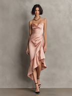 Women's Elegant & Minimalist Satin Midi Dress — Spaghetti Straps, Cowl Neck, And Asymmetrical Hem MDZ2348D8Y