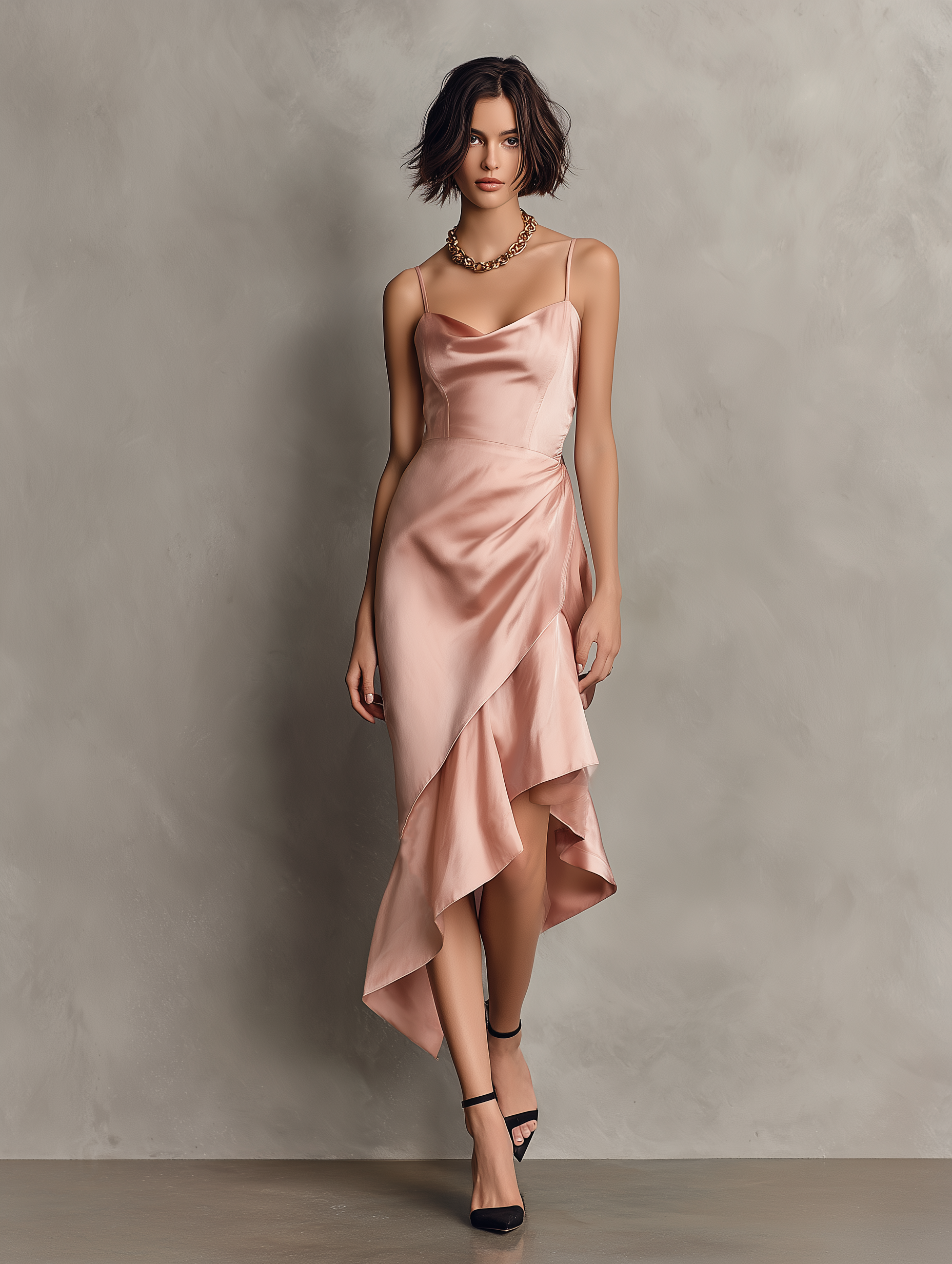 Women's Elegant & Minimalist Satin Midi Dress — Spaghetti Straps, Cowl Neck, And Asymmetrical Hem MDZ2348D8Y