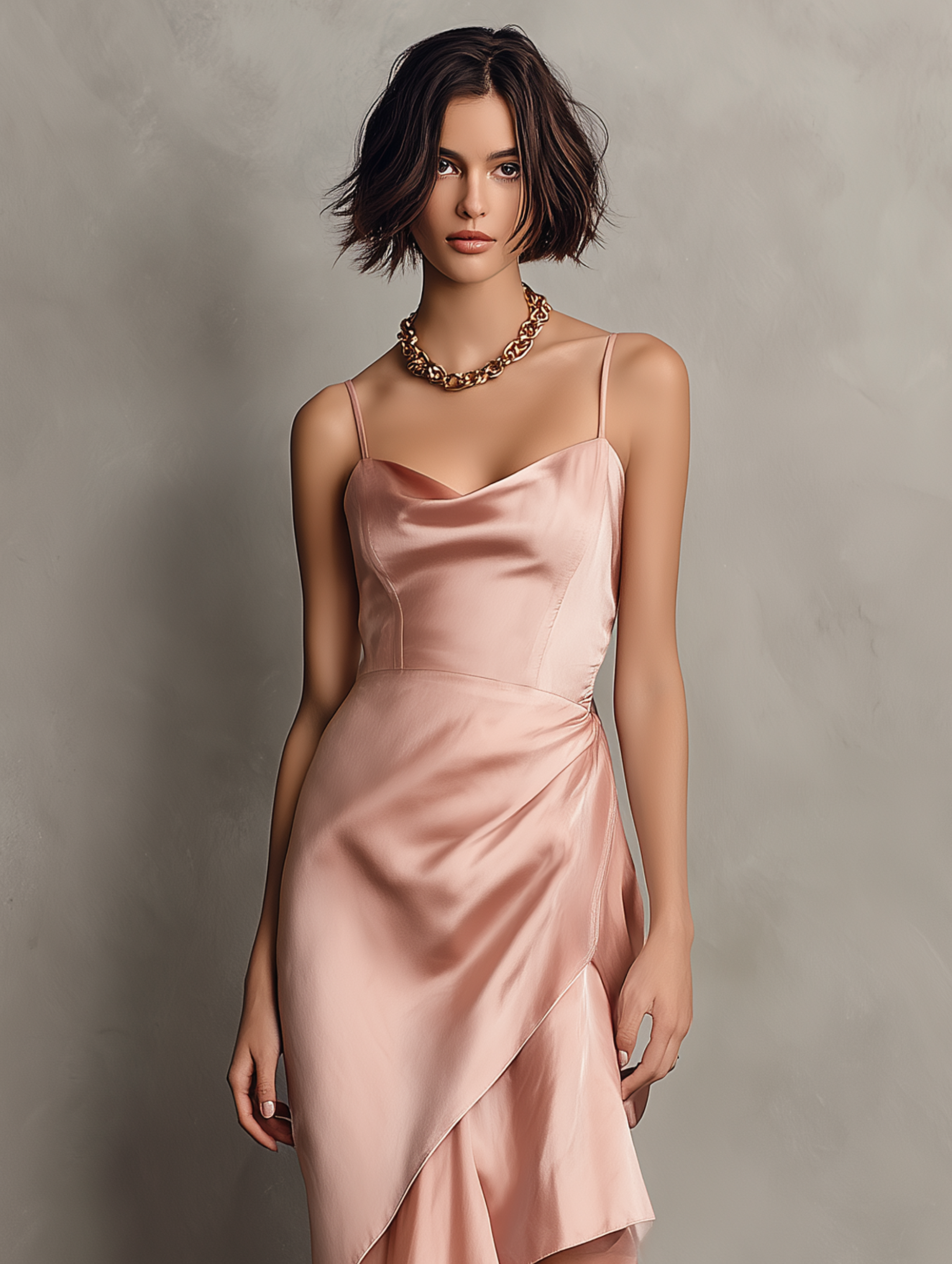 Women's Elegant & Minimalist Satin Midi Dress — Spaghetti Straps, Cowl Neck, And Asymmetrical Hem MDZ2348D8Y