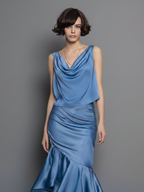 Women's Elegant & Minimalist Satin Cowl-Neck Sleeveless Blouse And Hip-Hugging Fishtail Skirt With Asymmetrical Hem MDZ2845D3Y