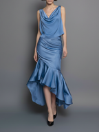 Women's Elegant & Minimalist Satin Cowl-Neck Sleeveless Blouse And Hip-Hugging Fishtail Skirt With Asymmetrical Hem MDZ2845D3Y