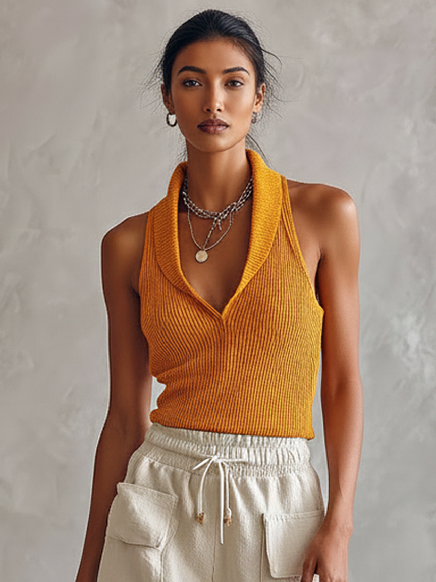 Women's Minimalist Knitted Sleeveless Tank Top & Linen Drawstring Shorts Set MDZ2919D3Y