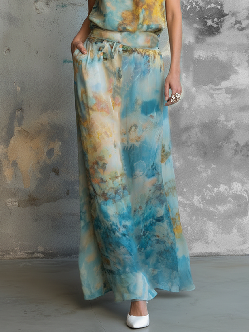Women's Elegant Watercolor-Print Chiffon Sleeveless Blouse And Skirt Set MDZ2915D7Y