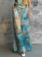 Women's Elegant Watercolor-Print Chiffon Sleeveless Blouse And Skirt Set MDZ2915D7Y