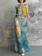Women's Elegant Watercolor-Print Chiffon Sleeveless Blouse And Skirt Set MDZ2915D7Y