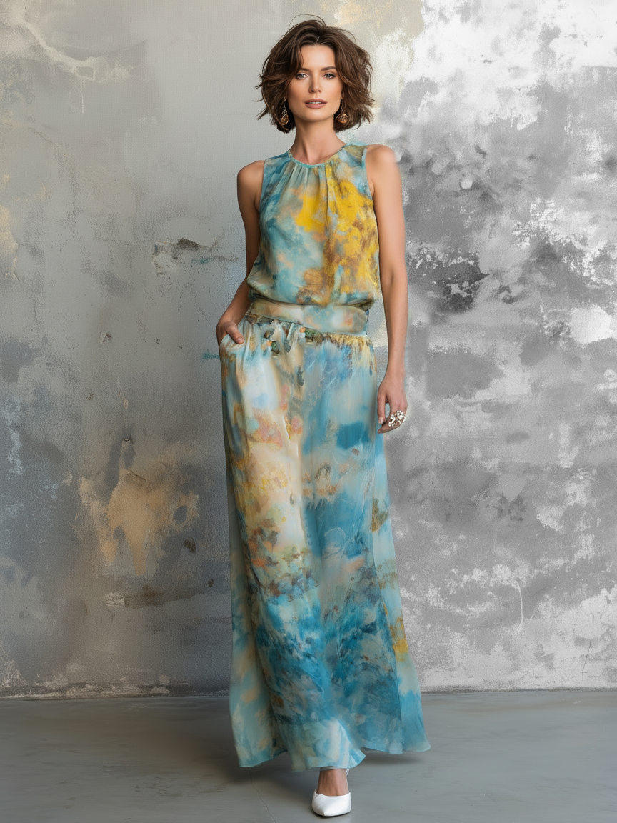 Women's Elegant Watercolor-Print Chiffon Sleeveless Blouse And Skirt Set MDZ2915D7Y