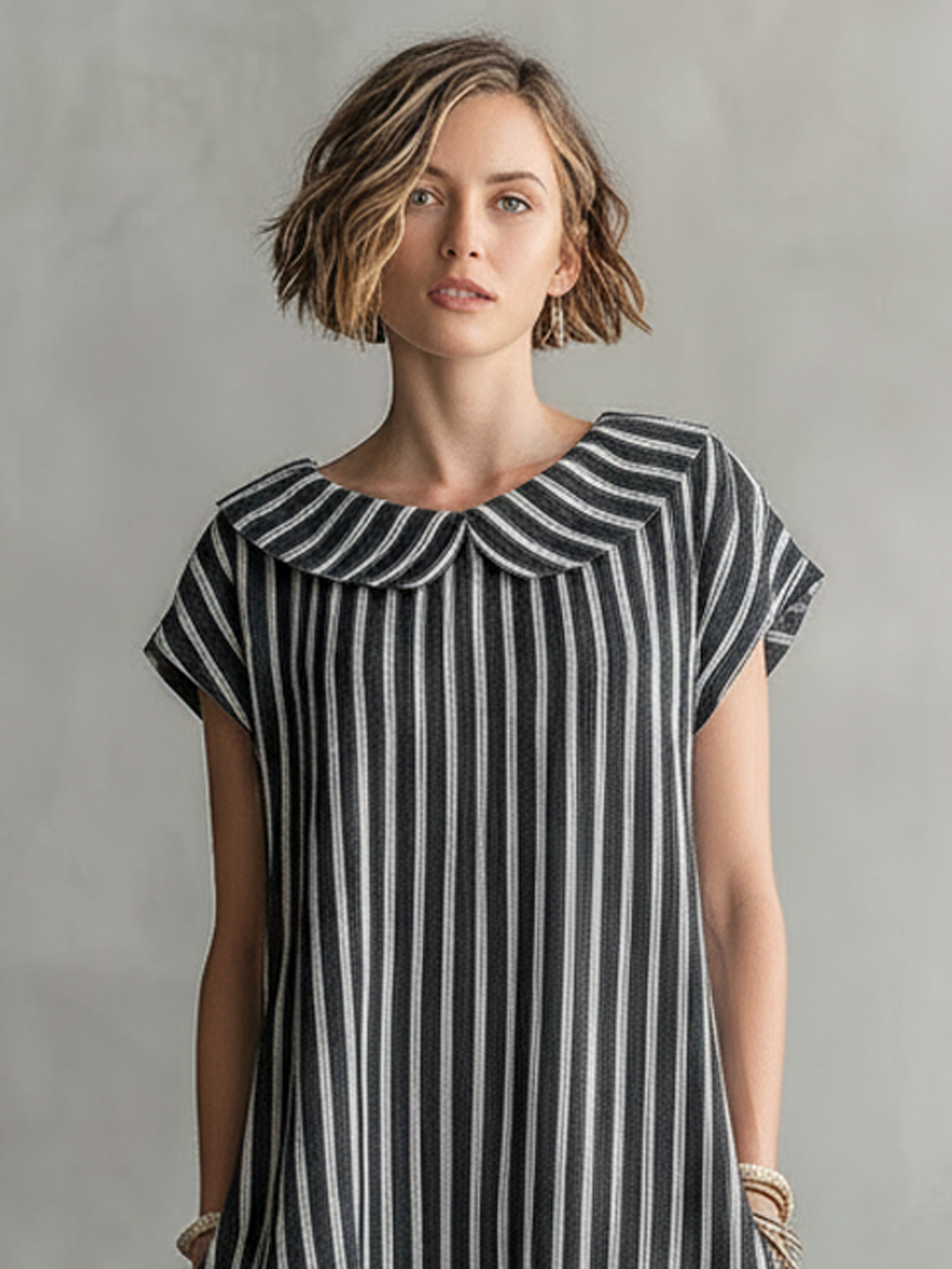 Women's Minimalist Striped Short-Sleeve Straight-Fit Mini Dress With Peter Pan Collar MDZ2999D0Y