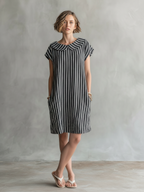 Women's Minimalist Striped Short-Sleeve Straight-Fit Mini Dress With Peter Pan Collar MDZ2999D0Y