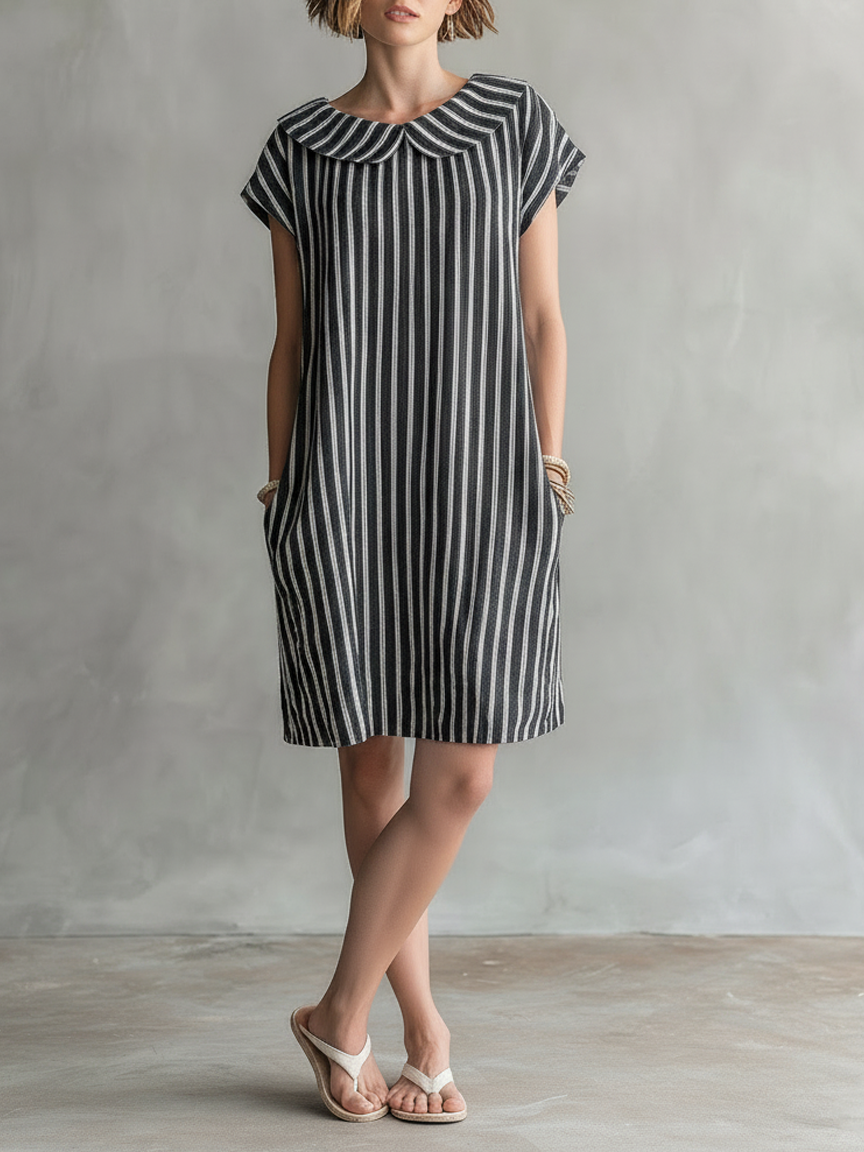 Women's Minimalist Striped Short-Sleeve Straight-Fit Mini Dress With Peter Pan Collar MDZ2999D0Y