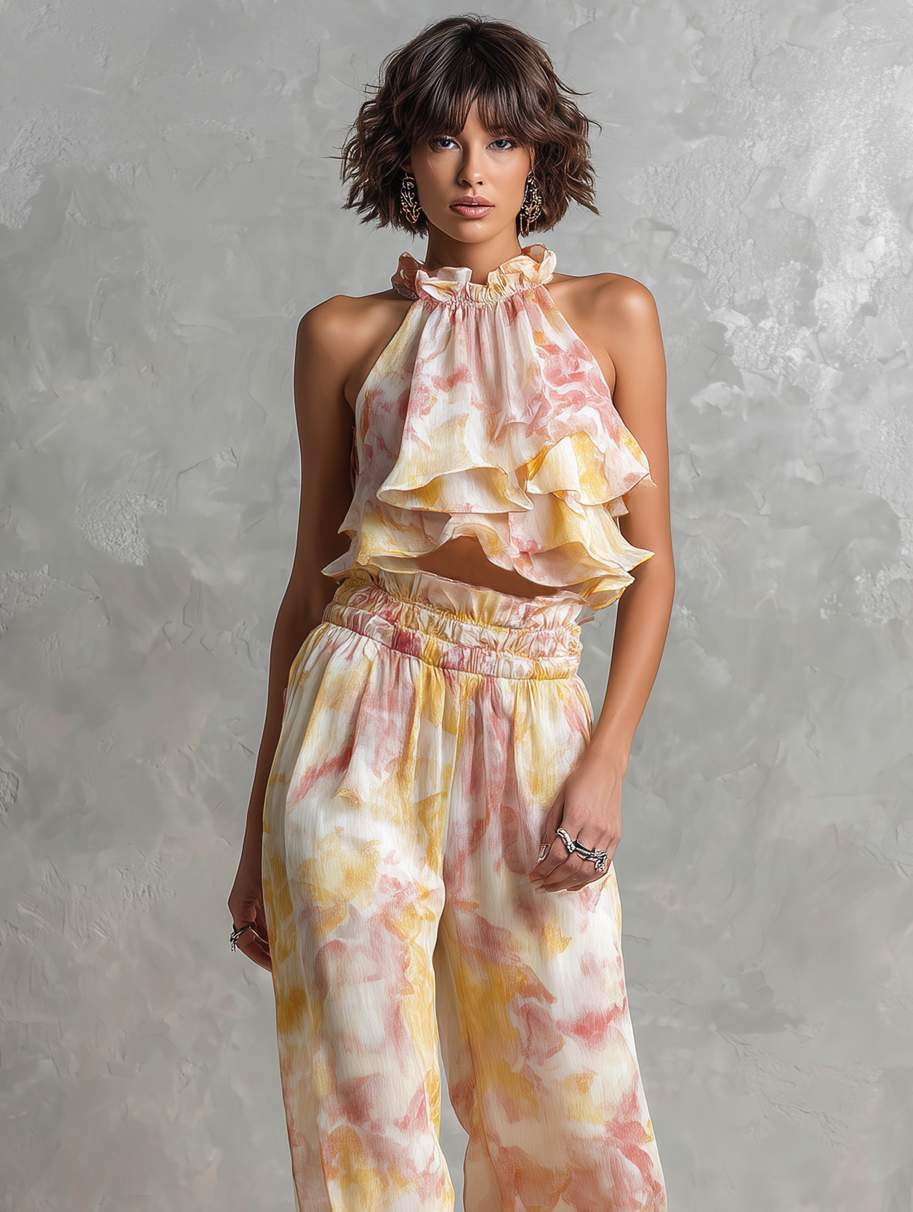 Women's Elegant & Minimalist Sleeveless Blouse With Watercolor Ombré Print And Ruffles, Paired With Straight-Leg Trousers Set MDZ2962D5Y