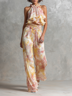 Women's Elegant & Minimalist Sleeveless Blouse With Watercolor Ombré Print And Ruffles, Paired With Straight-Leg Trousers Set MDZ2962D5Y
