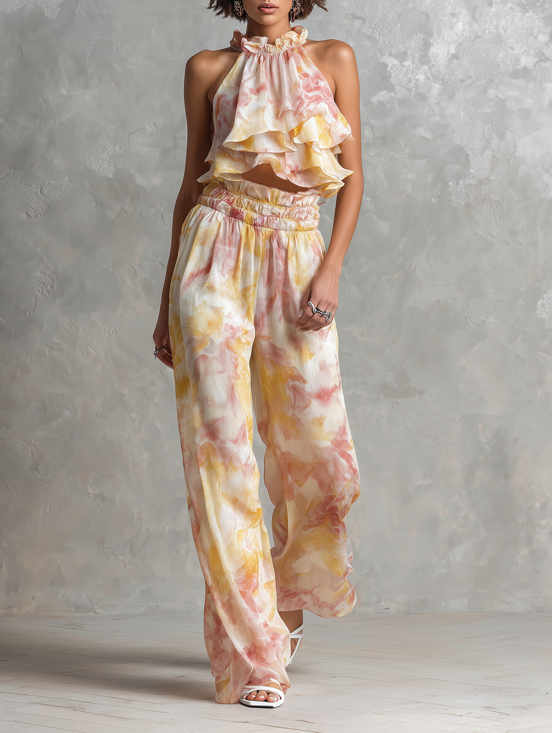 Women's Elegant & Minimalist Sleeveless Blouse With Watercolor Ombré Print And Ruffles, Paired With Straight-Leg Trousers Set MDZ2962D5Y