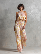 Women's Elegant & Minimalist Sleeveless Blouse With Watercolor Ombré Print And Ruffles, Paired With Straight-Leg Trousers Set MDZ2962D5Y