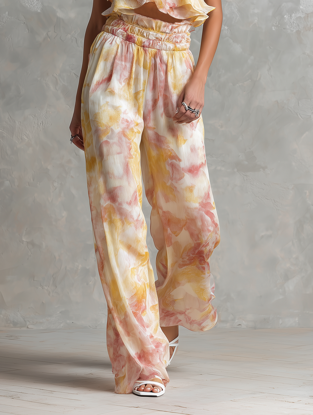 Women's Elegant & Minimalist Sleeveless Blouse With Watercolor Ombré Print And Ruffles, Paired With Straight-Leg Trousers Set MDZ2962D5Y