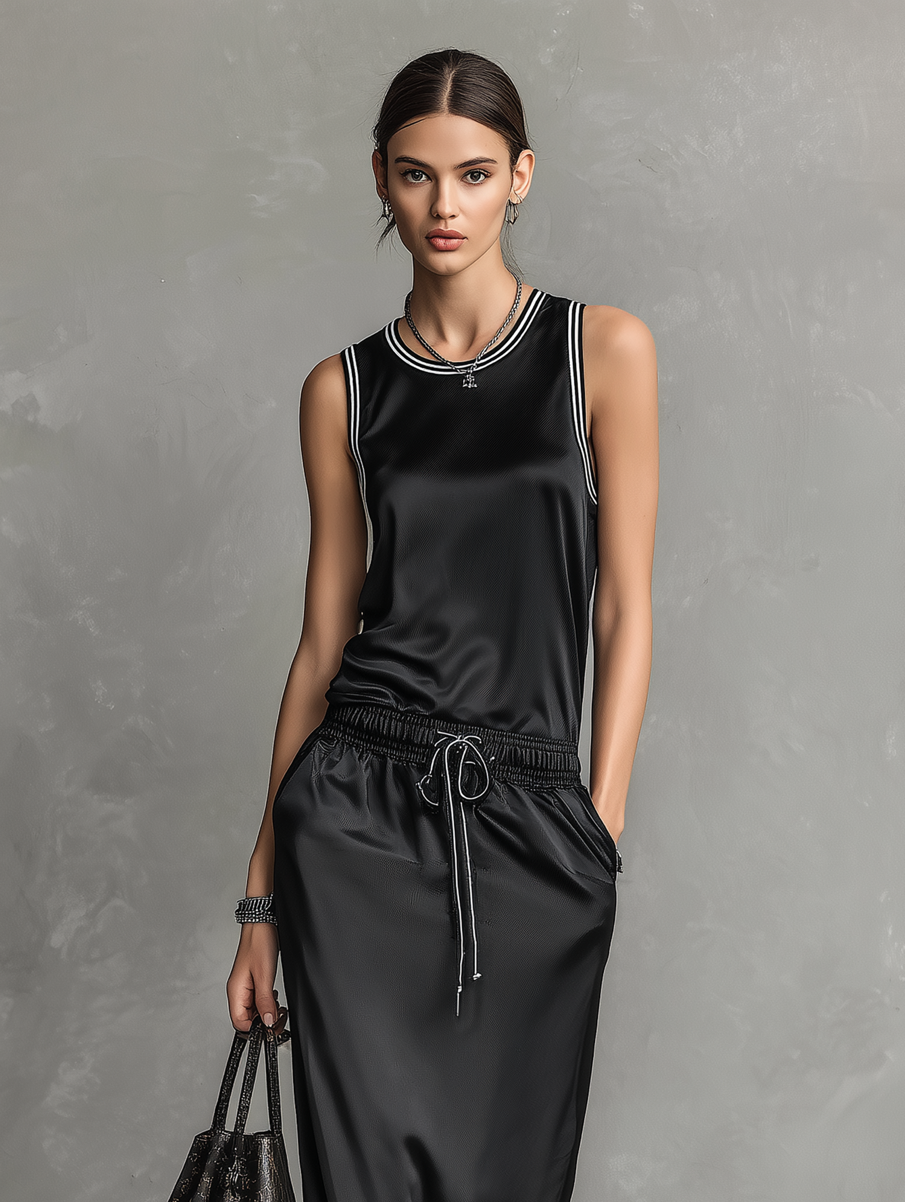 Women's Minimalist Satin Crew Neck Sleeveless Drawstring Maxi Dress MDZ2995D5Y