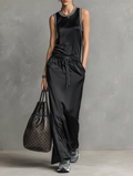 Women's Minimalist Satin Crew Neck Sleeveless Drawstring Maxi Dress MDZ2995D5Y