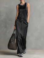 Women's Minimalist Satin Crew Neck Sleeveless Drawstring Maxi Dress MDZ2995D5Y