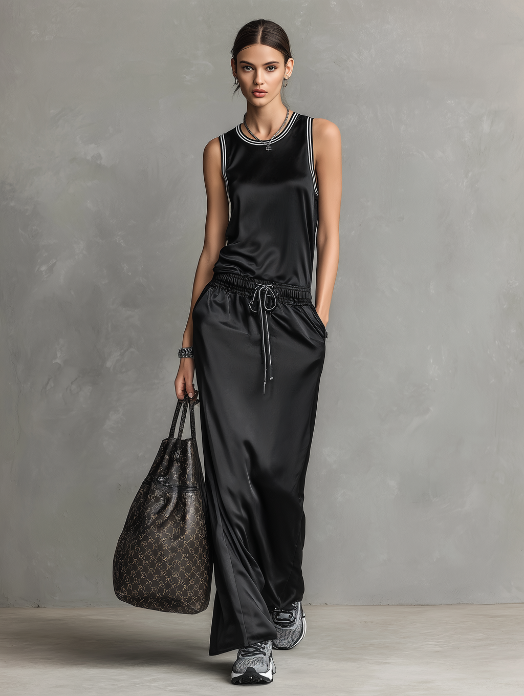 Women's Minimalist Satin Crew Neck Sleeveless Drawstring Maxi Dress MDZ2995D5Y