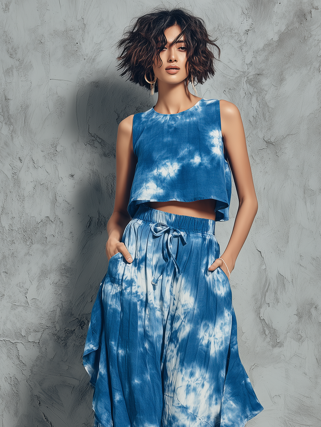 Women's Minimalist Tie-Dye Print Sleeveless Blouse & Ruffled Wide-Leg Pants Set MDZ2917D2Y