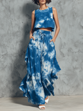 Women's Minimalist Tie-Dye Print Sleeveless Blouse & Ruffled Wide-Leg Pants Set MDZ2917D2Y