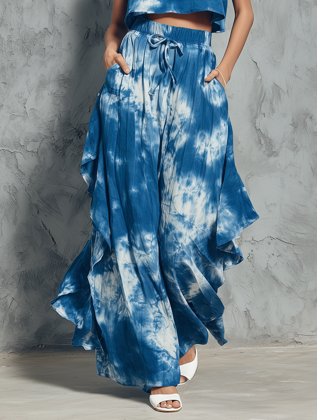 Women's Minimalist Tie-Dye Print Sleeveless Blouse & Ruffled Wide-Leg Pants Set MDZ2917D2Y