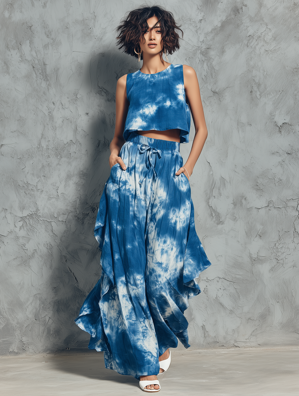 Women's Minimalist Tie-Dye Print Sleeveless Blouse & Ruffled Wide-Leg Pants Set MDZ2917D2Y