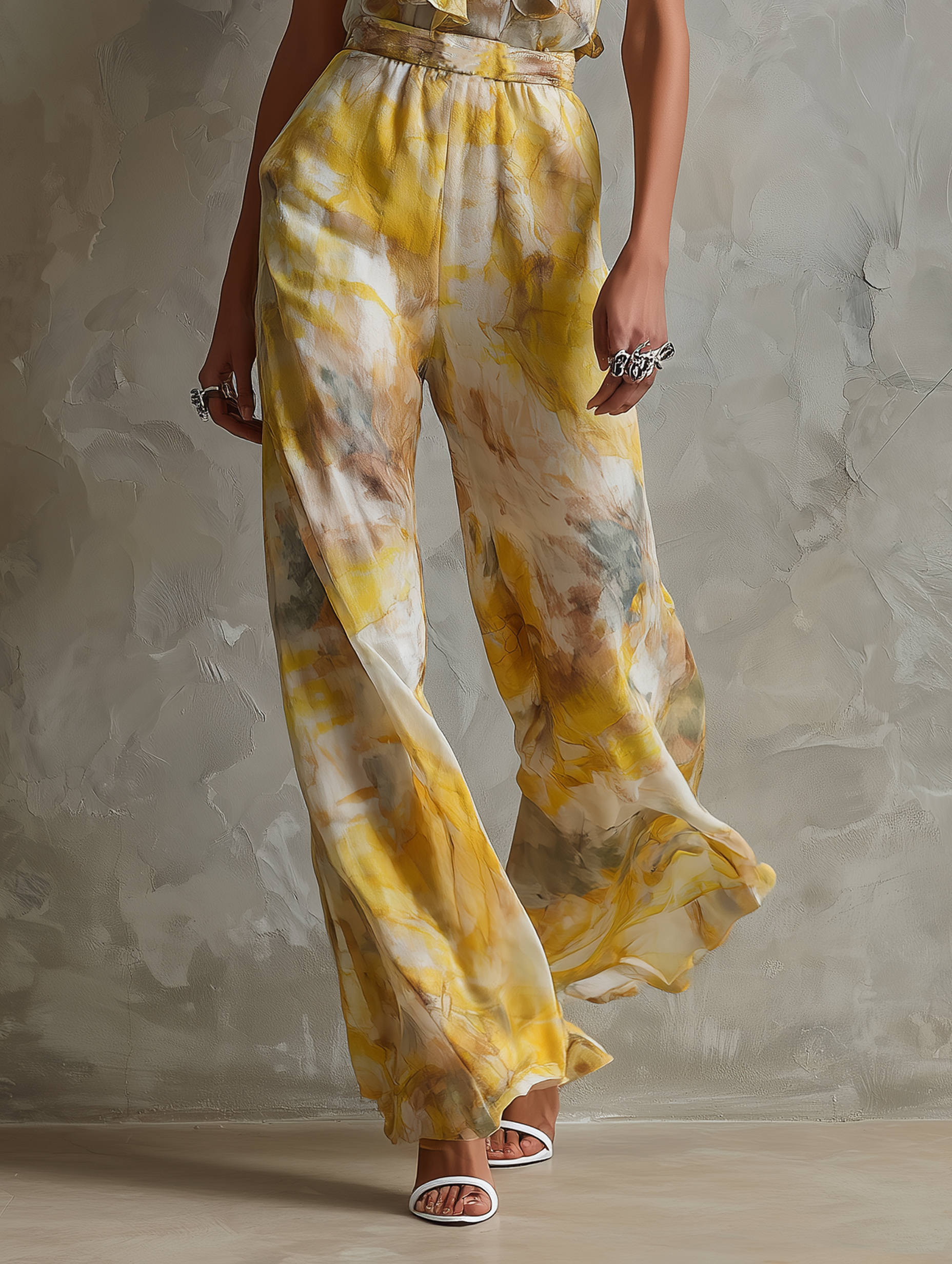 Women's Elegant Watercolor-Print Chiffon Jumpsuit — Halter Neck With Ruffles And Straight-Leg Fit MDZ2940D9Y