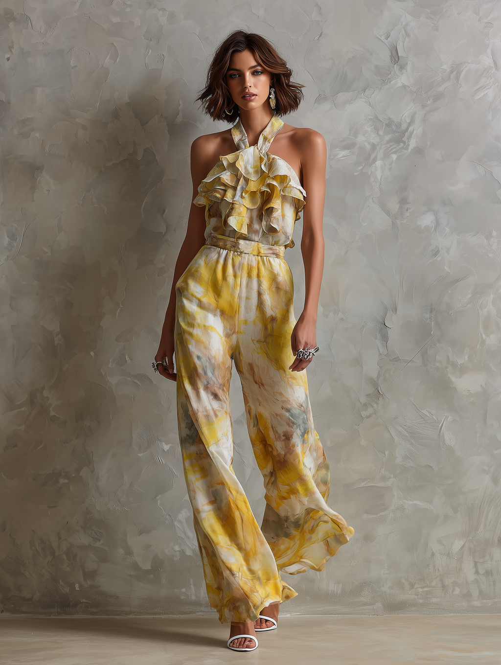 Women's Elegant Watercolor-Print Chiffon Jumpsuit — Halter Neck With Ruffles And Straight-Leg Fit MDZ2940D9Y