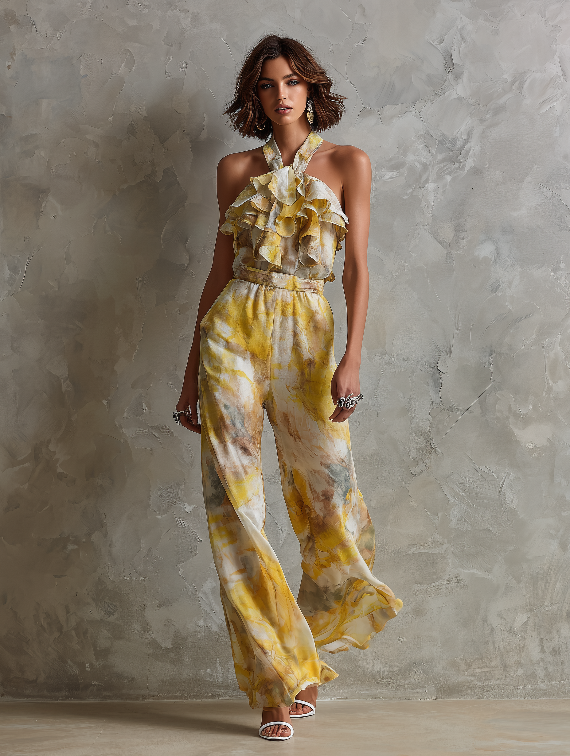 Women's Elegant Watercolor-Print Chiffon Jumpsuit — Halter Neck With Ruffles And Straight-Leg Fit MDZ2940D9Y