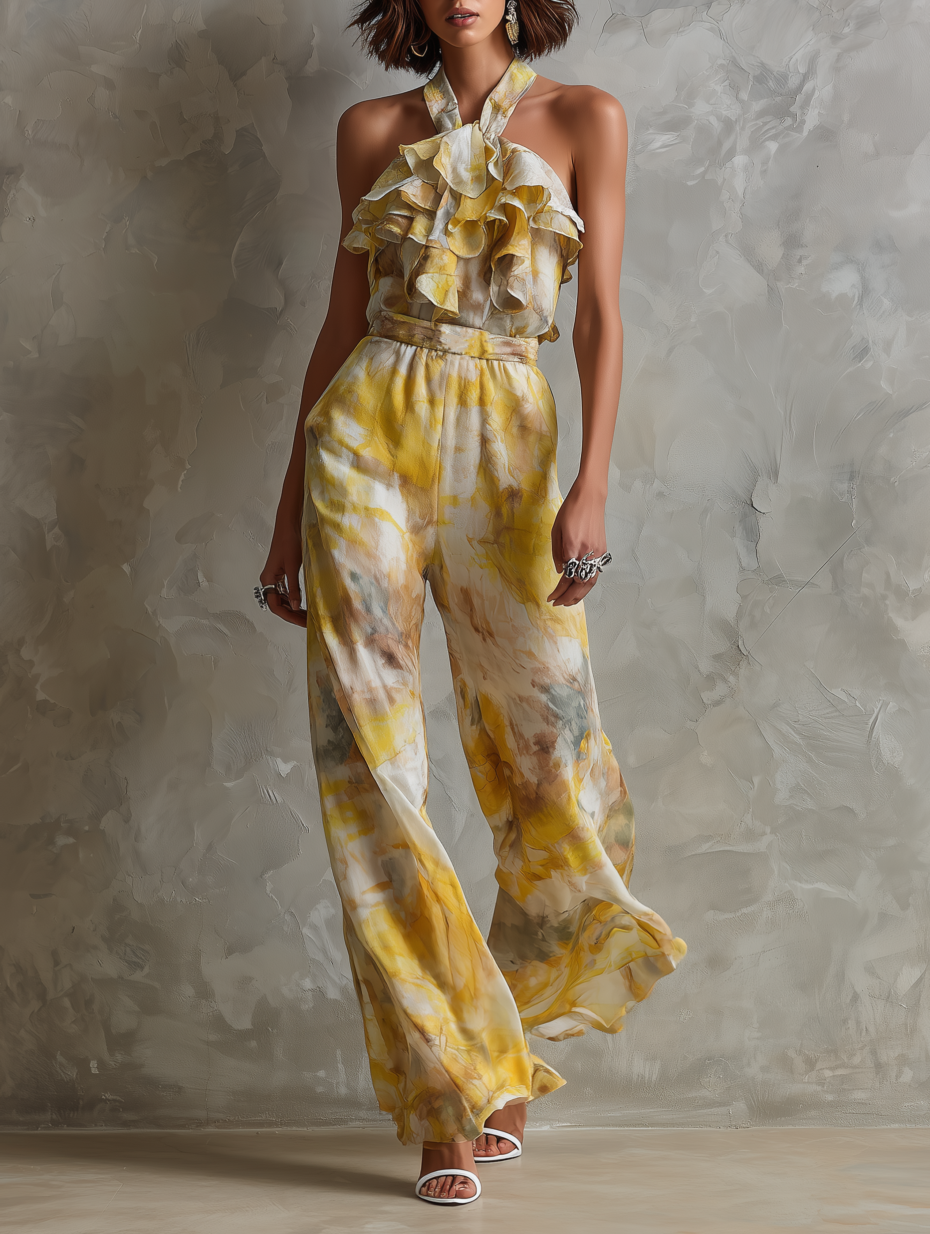 Women's Elegant Watercolor-Print Chiffon Jumpsuit — Halter Neck With Ruffles And Straight-Leg Fit MDZ2940D9Y
