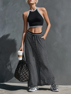 Women's Athleisure Ribbed Knit Sleeveless Tank Top & Drawstring Striped Maxi Skirt Set MDZ2912D4Y