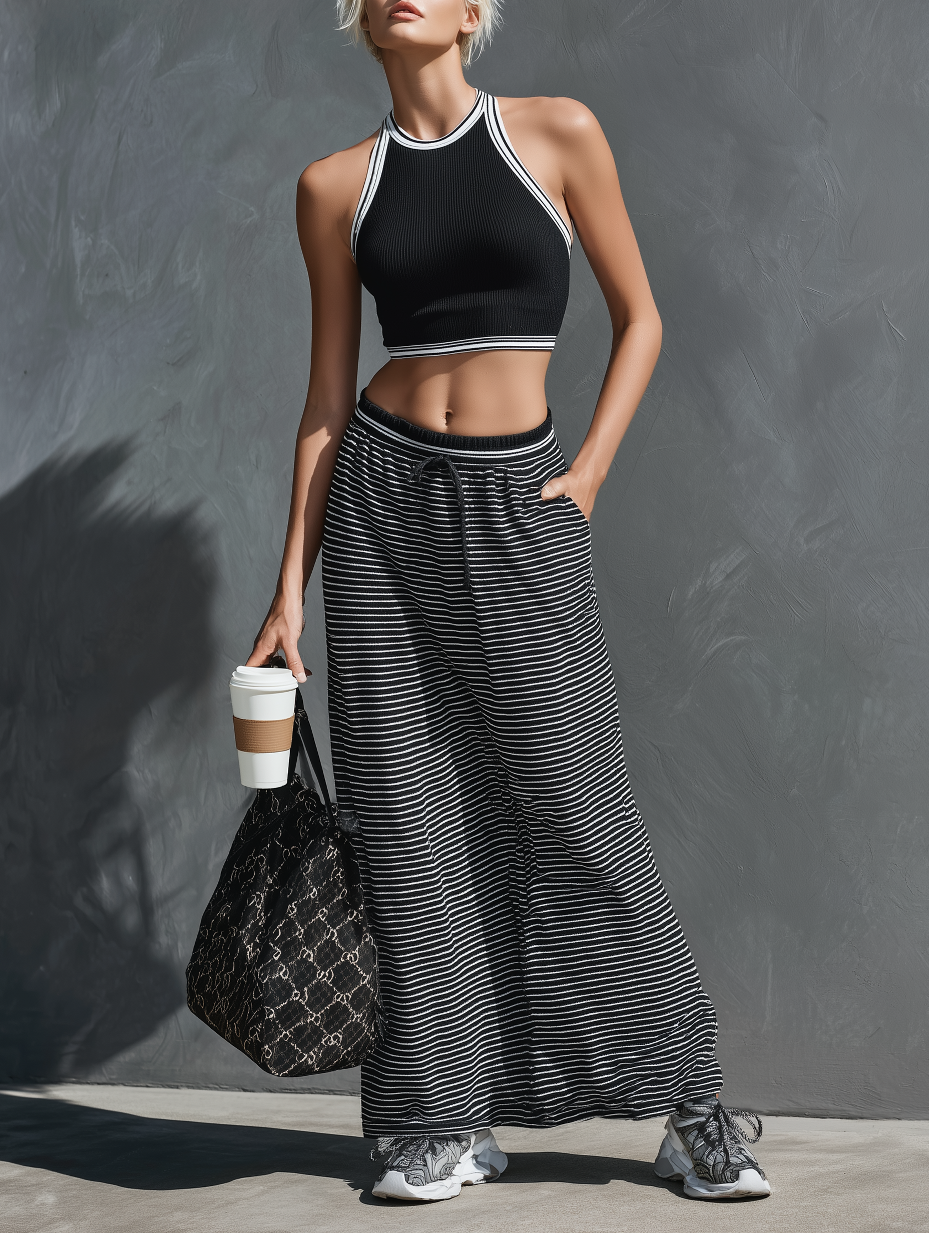 Women's Athleisure Ribbed Knit Sleeveless Tank Top & Drawstring Striped Maxi Skirt Set MDZ2912D4Y
