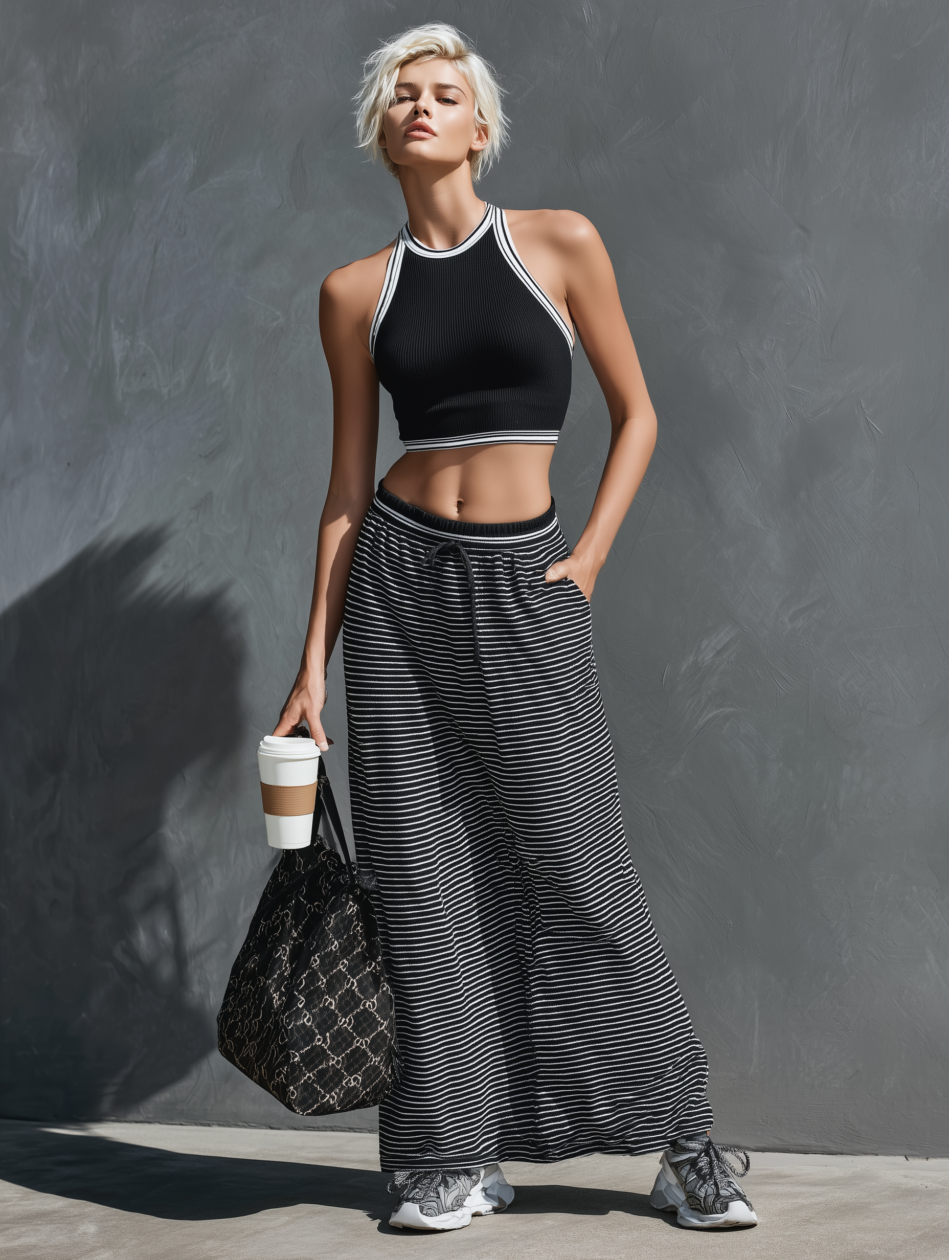 Women's Athleisure Ribbed Knit Sleeveless Tank Top & Drawstring Striped Maxi Skirt Set MDZ2912D4Y