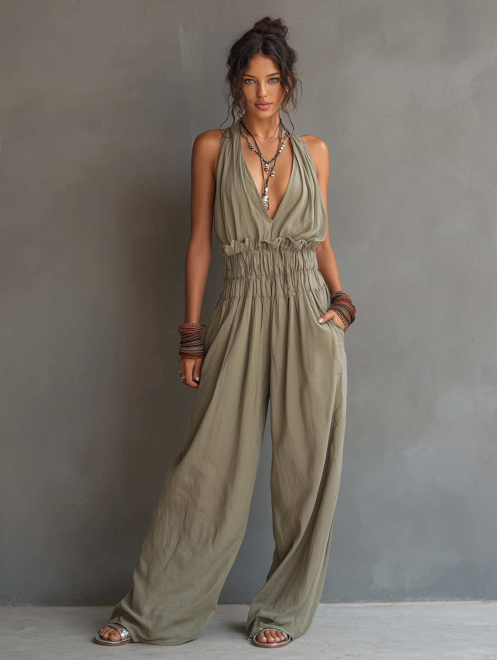Women's Minimalist Halter-Neck V-Neck Sleeveless Waist-Cinching Jumpsuit MDZ2904D2Y