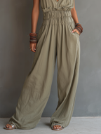 Women's Minimalist Halter-Neck V-Neck Sleeveless Waist-Cinching Jumpsuit MDZ2904D2Y