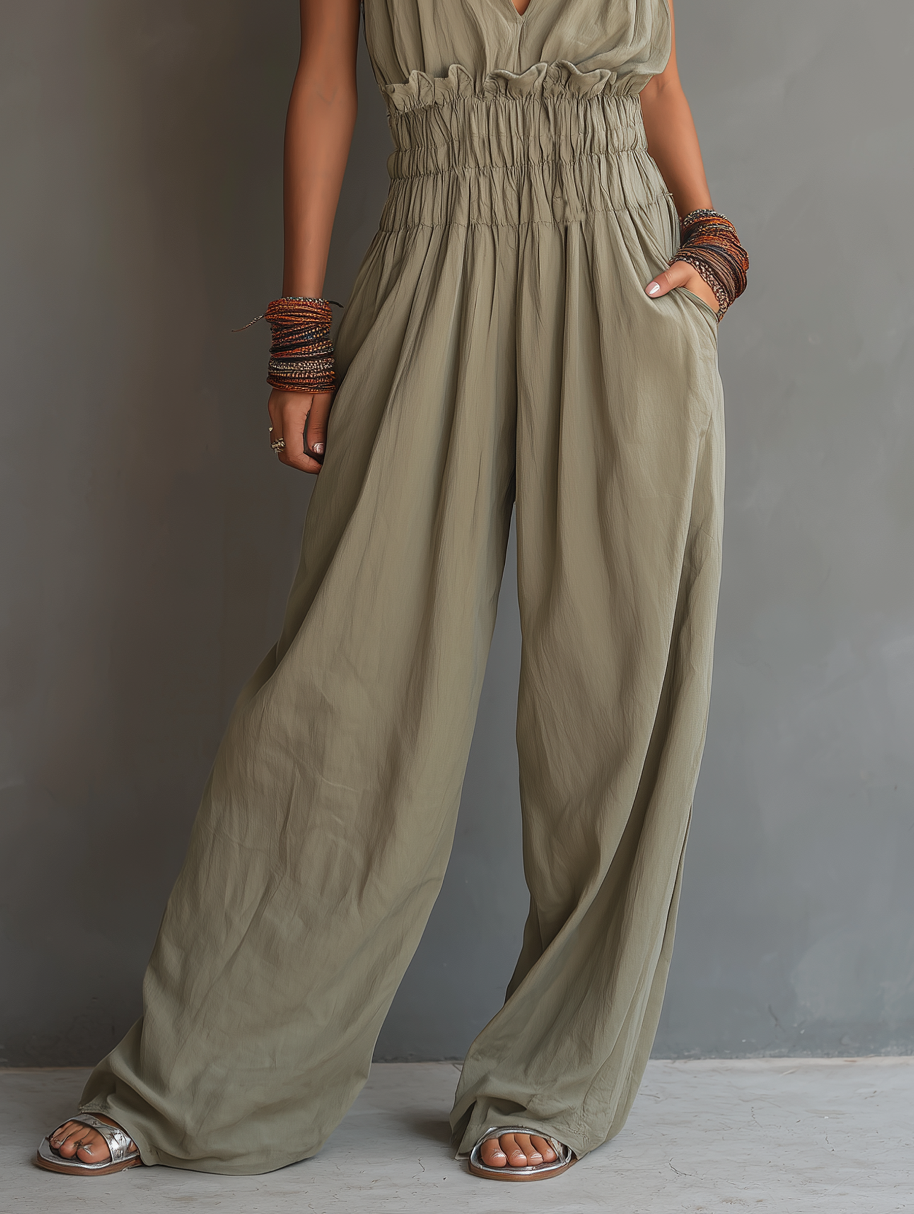 Women's Minimalist Halter-Neck V-Neck Sleeveless Waist-Cinching Jumpsuit MDZ2904D2Y