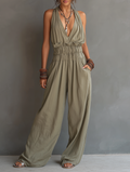 Women's Minimalist Halter-Neck V-Neck Sleeveless Waist-Cinching Jumpsuit MDZ2904D2Y