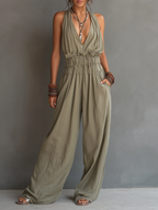 Women's Minimalist Halter-Neck V-Neck Sleeveless Waist-Cinching Jumpsuit MDZ2904D2Y