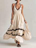 Women's Minimalist Linen-Blend Halter V-Neck Maxi Dress With Lace Trim And Cinched Waist MDZ2937D5Y