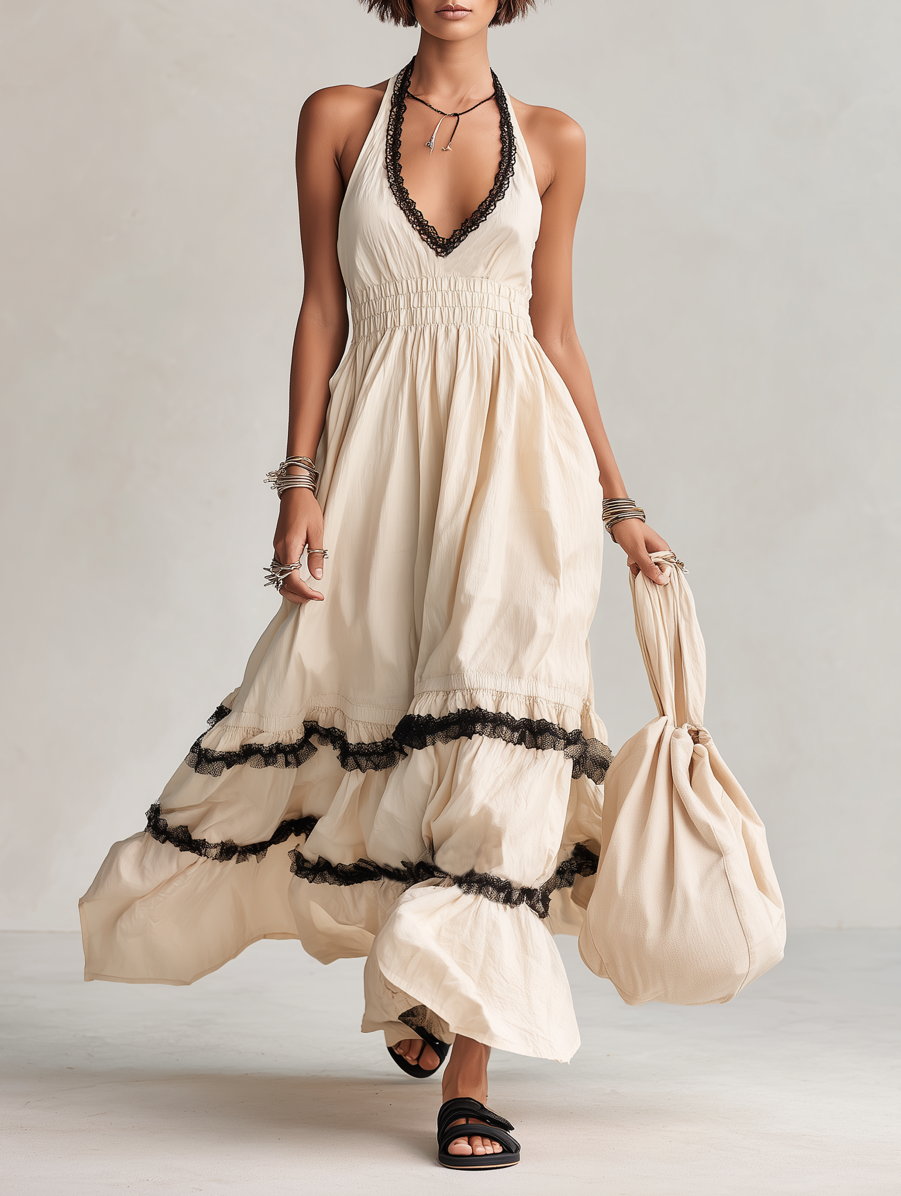 Women's Minimalist Linen-Blend Halter V-Neck Maxi Dress With Lace Trim And Cinched Waist MDZ2937D5Y