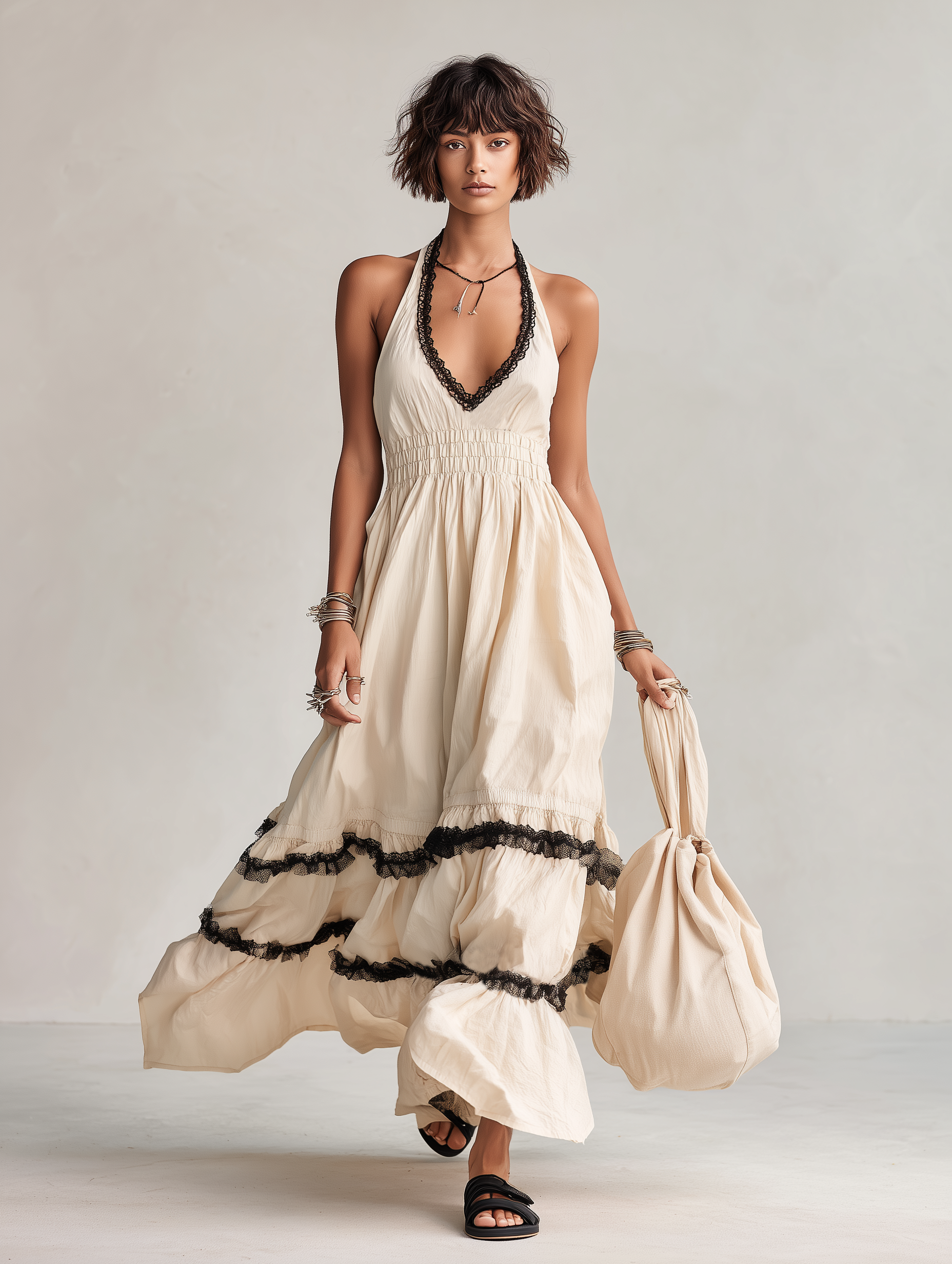Women's Minimalist Linen-Blend Halter V-Neck Maxi Dress With Lace Trim And Cinched Waist MDZ2937D5Y