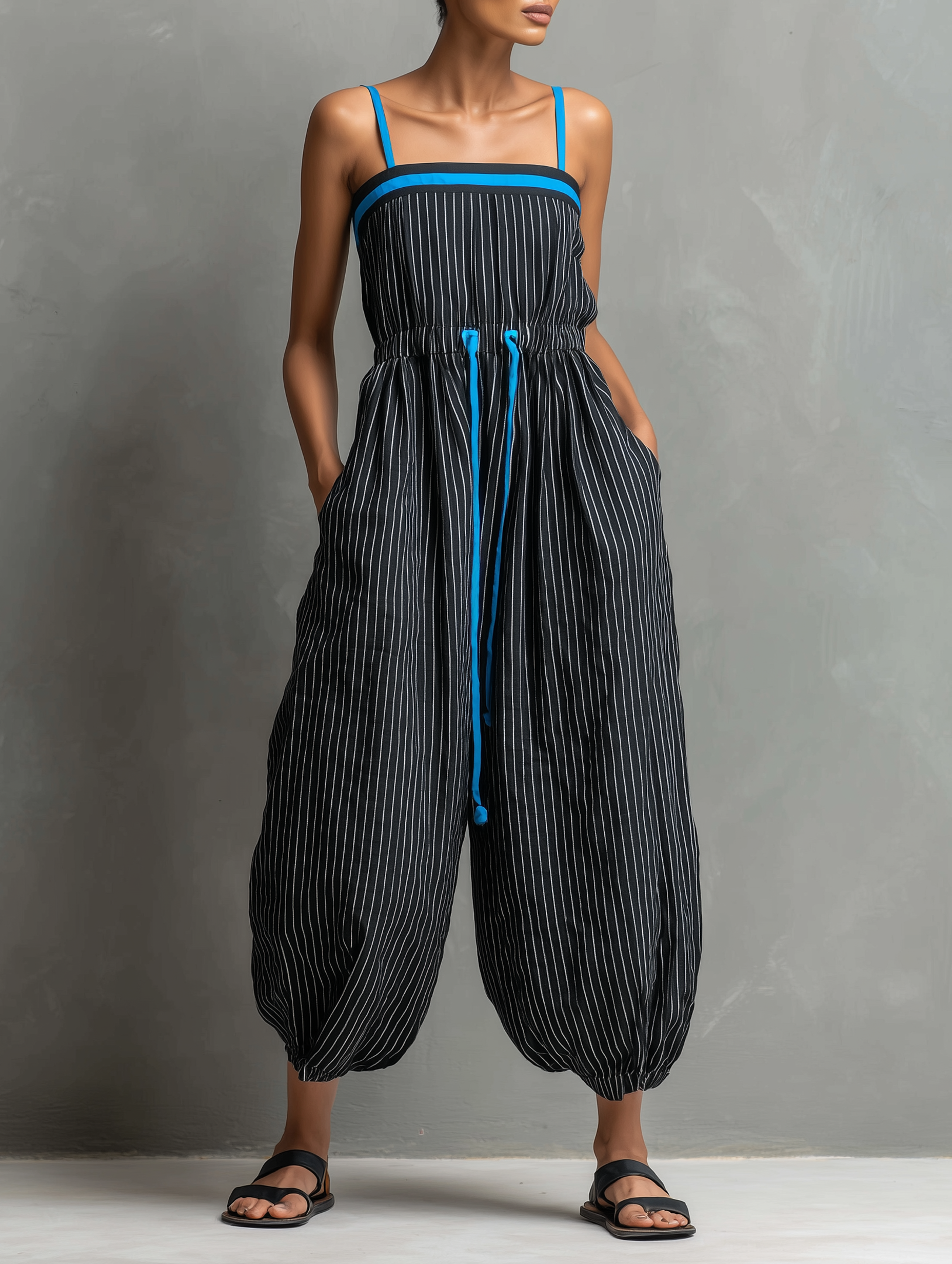 Women's Minimalist Striped Color-Block Jumpsuit — Spaghetti Strap, Square Neck, Drawstring, And Balloon Pants MDZ2991D2Y