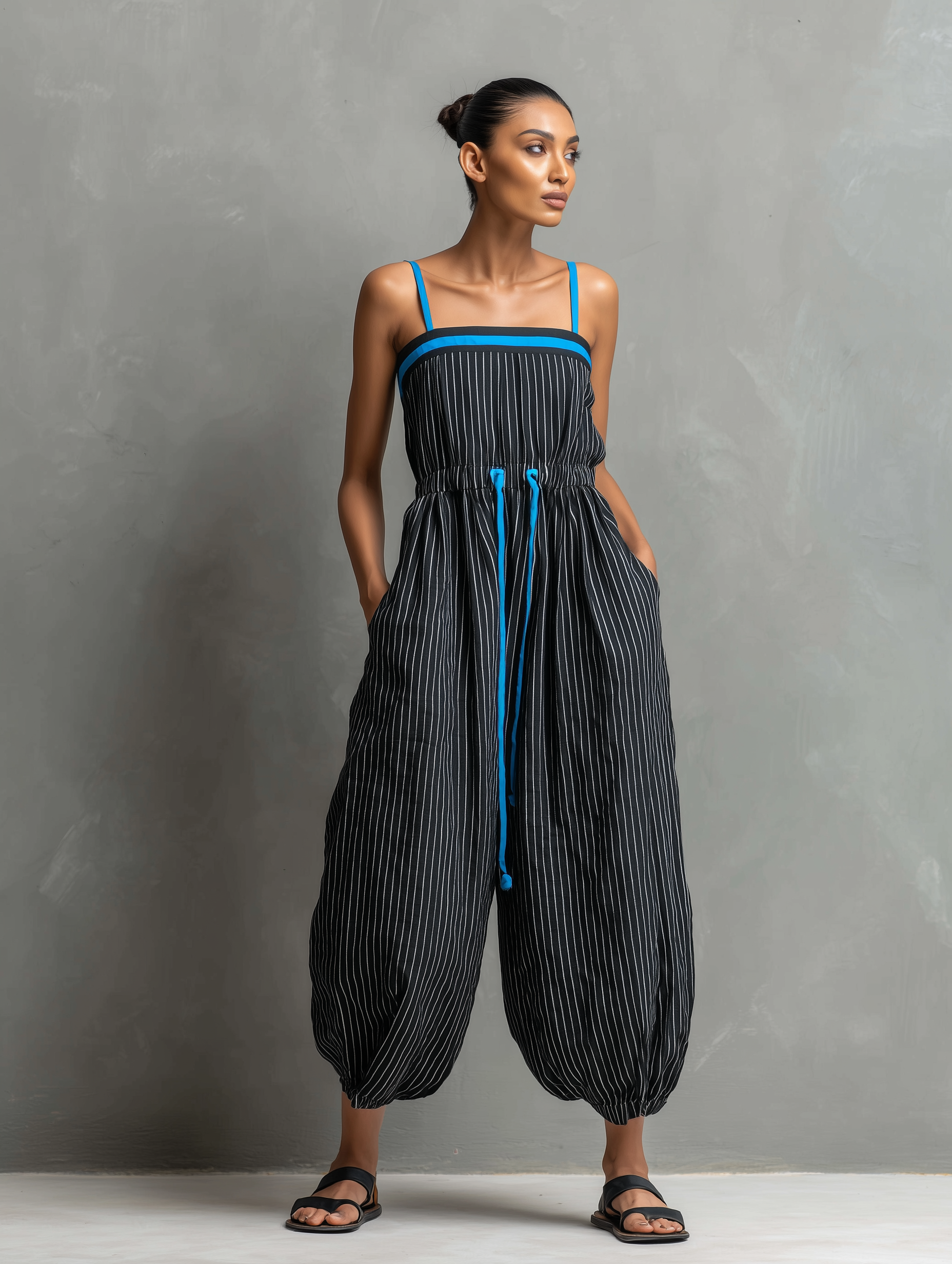 Women's Minimalist Striped Color-Block Jumpsuit — Spaghetti Strap, Square Neck, Drawstring, And Balloon Pants MDZ2991D2Y