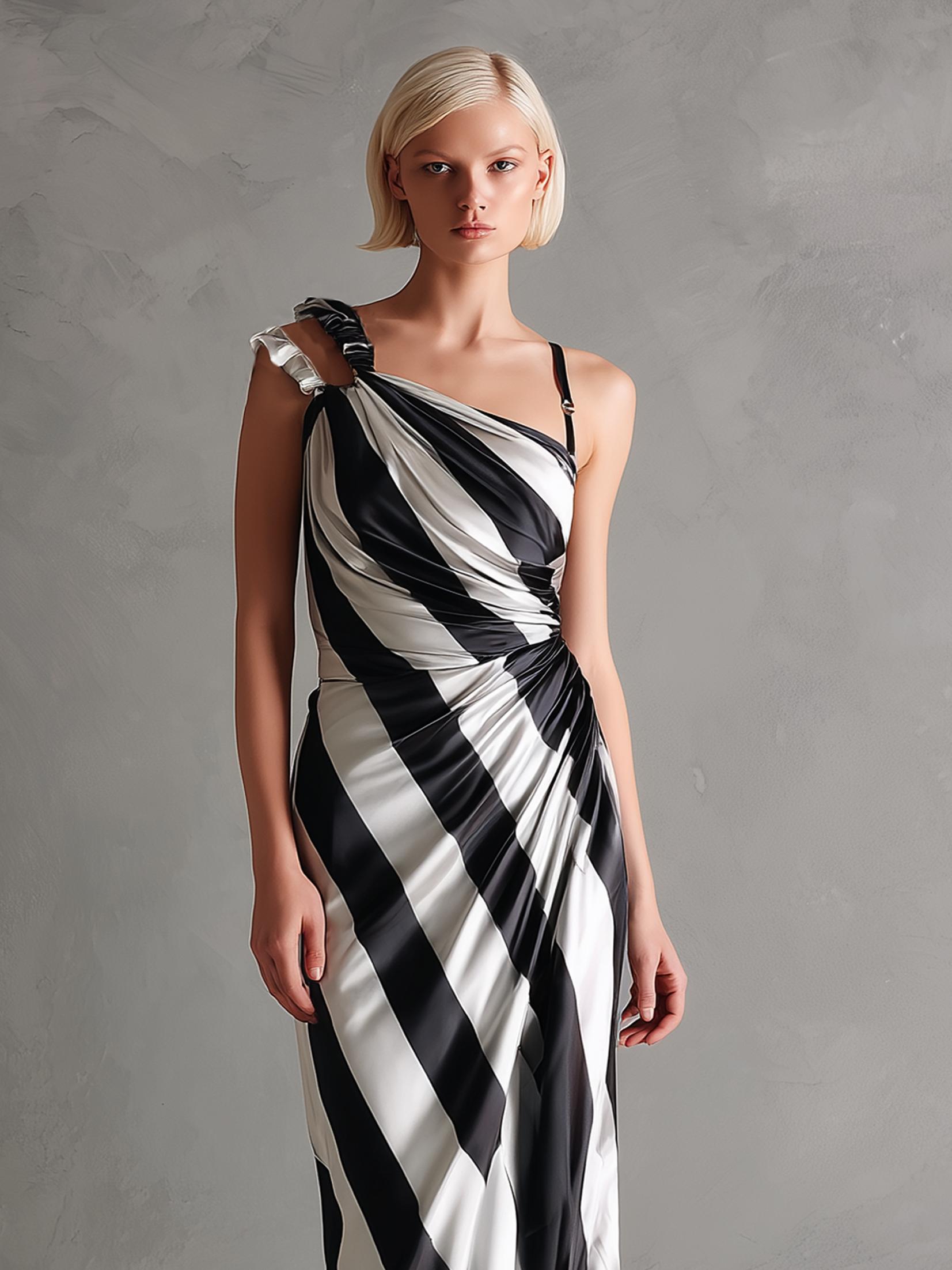 Women's Minimalist Satin Striped Print Asymmetrical Spaghetti Strap Maxi Dress MDZ2911D2Y