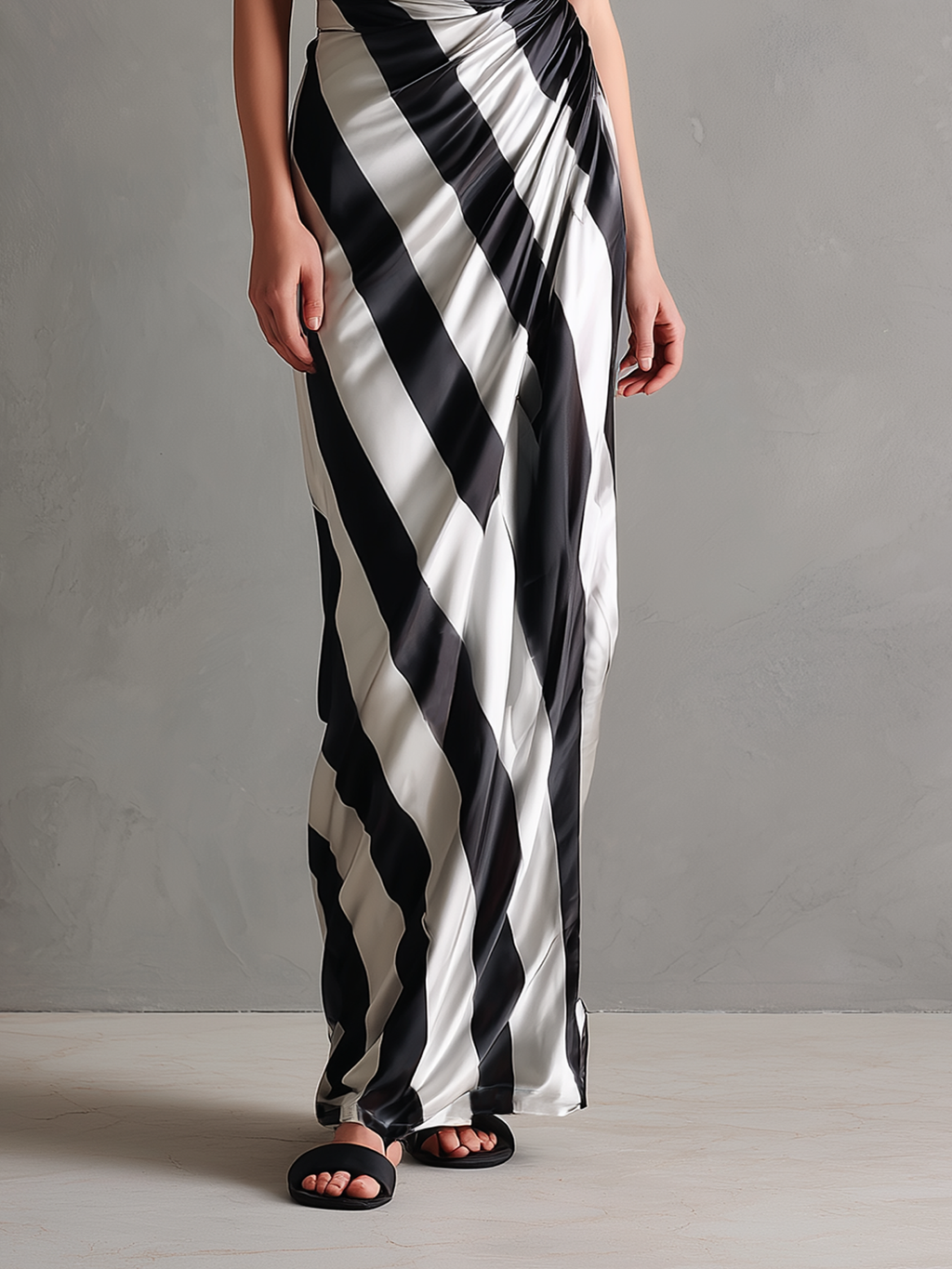 Women's Minimalist Satin Striped Print Asymmetrical Spaghetti Strap Maxi Dress MDZ2911D2Y