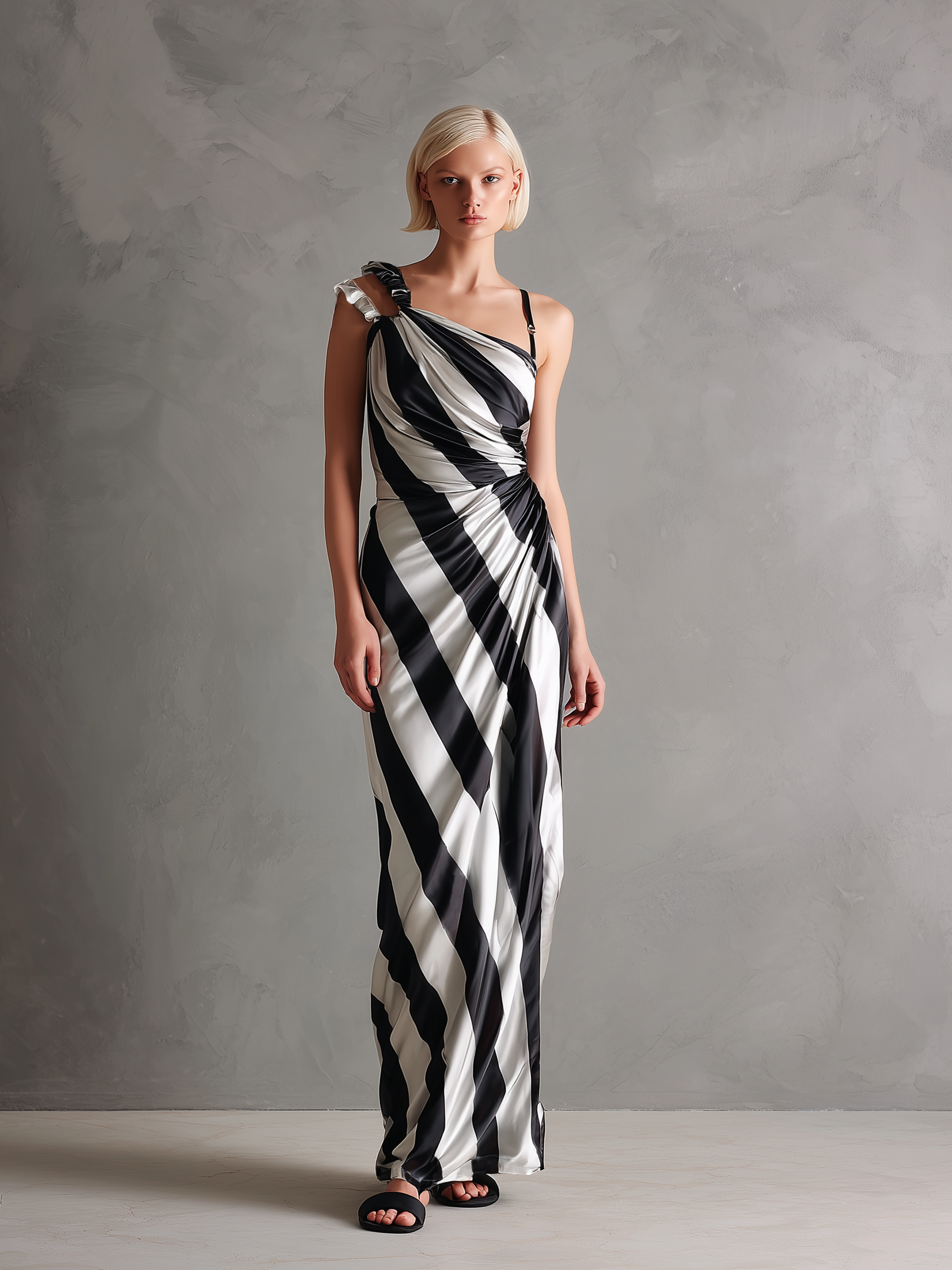 Women's Minimalist Satin Striped Print Asymmetrical Spaghetti Strap Maxi Dress MDZ2911D2Y