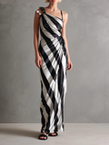 Women's Minimalist Satin Striped Print Asymmetrical Spaghetti Strap Maxi Dress MDZ2911D2Y